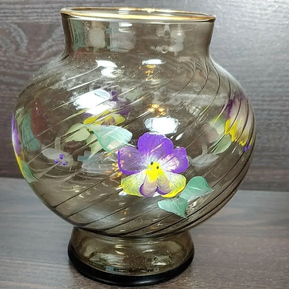 Hand Painted Floral Swirl Ribbed Gold Rim Brown Glass Vase Vintage Local Artist